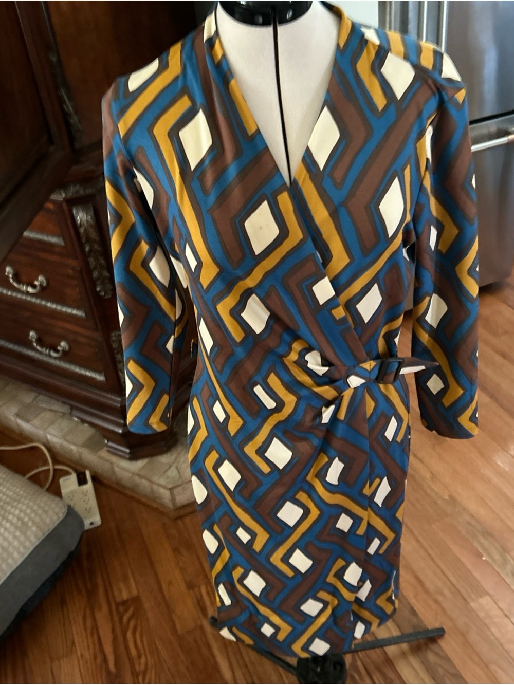 Abstract Geo-Print Wrap Midi Dress in Blue, Brown & Mustard